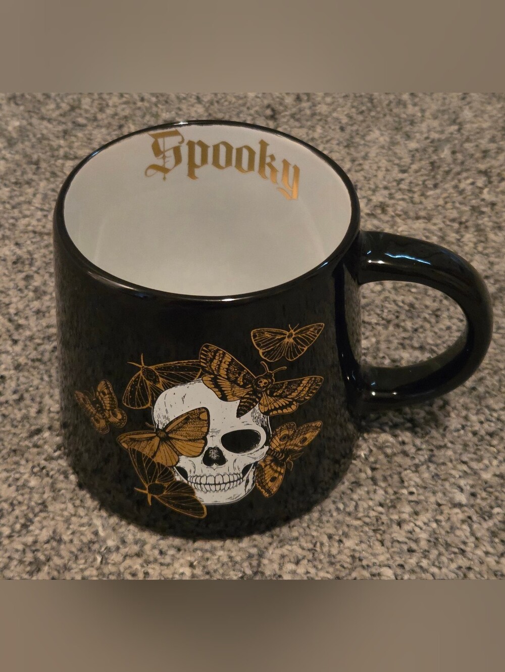 Spooky Black Skull & Gold Moth  Butterfly Ceramic Mug Halloween Scary